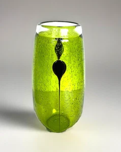 Chartreuse Green Hand Blown Bubble Glass Vase with Black Accents, 11-3/4" Tall - Picture 1 of 10