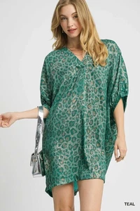 Umgee Metallic Leopard Print V-Neck Kimono Dress - Picture 1 of 6