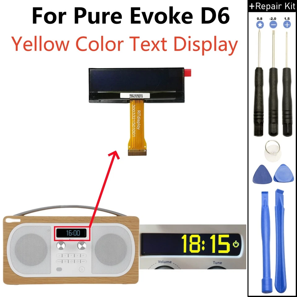 Display For Pure Evoke D6 DAB/FM Home Bluetooth Radio YELLOW OLED Screen NEU - Bild 1 von 4