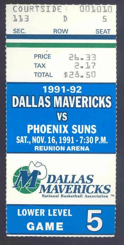 1991-92 November 16, 1991 Mavericks vs Suns Reunion Arena Courtside Ticket Cover