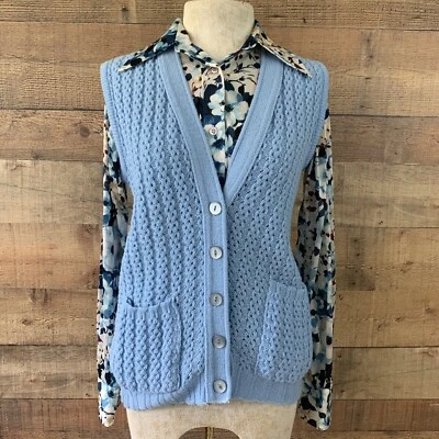 Chaleco Suéter Vintage Años 70 Hippie Boho Tejido Botón Bolsillos Frontales Talla Mediana Foto 1 de 4