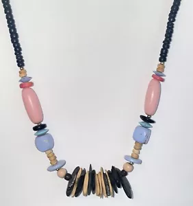 Vintage 80s Wood Bead and Stone Chip Statement Piece Necklace Pastels & Black - Picture 1 of 11