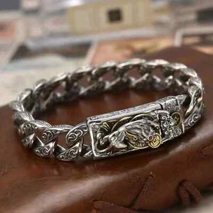Bracciale uomo catena argento sterling 925 massiccio Pixiu coin curb link 71 g/7,8 pollici - Foto 1 di 8