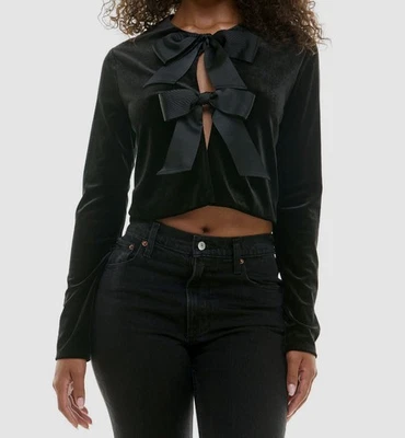 Alex & Sophia Women's Black Bow-Front Long-Sleeve Velvet Jacket Juniors' Size L - Image 1 of 3