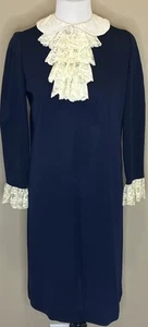 Vintage 60s Dress Lace Jabot Peter Pan Collar & Cuffs Long Sleeve Victorian  - Picture 1 of 5
