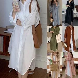 Green Loose Long Sleeve Shirt Dress Women Spring Sunscreen Blouse Dress Casual - Picture 1 of 90