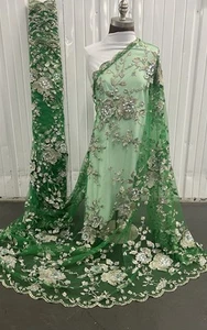 "Tela de encaje bordada con diamantes de imitación oro verde plata 50"" de ancho vendida por yarda" - Imagen 1 de 7