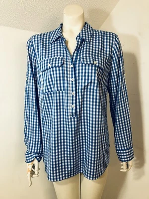 Talbots New Woman Petites  XL Popover Tunic Top Royal White Checked Half Button - Image 1 of 4