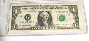2000 Year Date Note Fancy Serial Number One Dollar Bill F46722000F - Picture 1 of 2