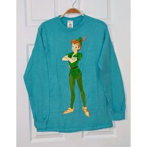 Disney Parks Peter Pan Graphic Long Sleeve Teal Shirt Cartoon Character XS NWOT - Picture 1 of 8