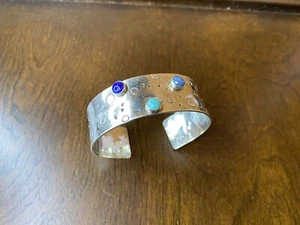 Multi Stone Lapis Cuff Bracelet ~ Inscribed inside ~ Silvertone Cuff - Picture 1 of 9
