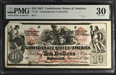 CT-22 $10 1861 Confederate States Banknote Contemporary Counterfeit, PMG VF 30 - Image 1 of 4