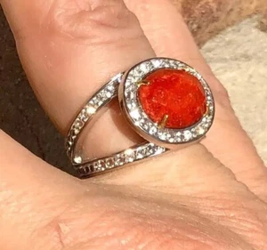 Joya By Judy Crowell 14 x 10mm Coral & White Topaz Halo Ring Size 8 - Picture 1 of 11