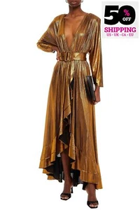 RRP€810 RETROFETE Maxi Dress Size L Belted Metallic Effect Elastic Waist Plunge - Picture 1 of 7