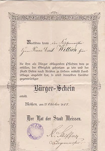 Bürgerschein Meißen 1888 Ausweis Bürger-Schein Staatsangehörigkeitsausweis - Bild 1 von 2