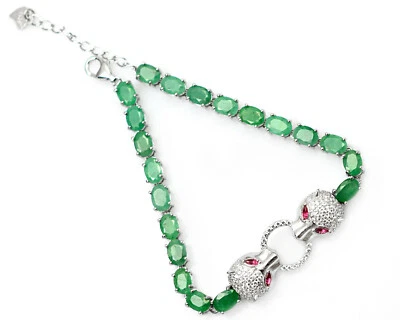 Brazalete de cadena ajustable de plata de ley 925 con piedras preciosas de esmeralda natural de 6x4 mm  Foto 1 de 4