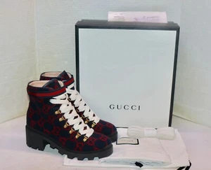 Gucci Covered Wool GG Monogram Womens Lace Up Combat Ankle Boots 39.5 Blue Red - Picture 1 of 16