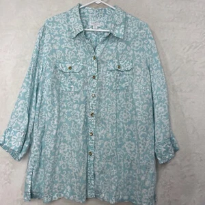 Charter Club Leinenhemd Damen 3x Knopfleiste 3/4 Arm Blumen Aqua Blau Weiß - Bild 1 von 14