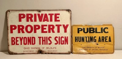 Letreros metálicos en relieve vintage de propiedad privada y zona de caza pública Foto 1 de 4