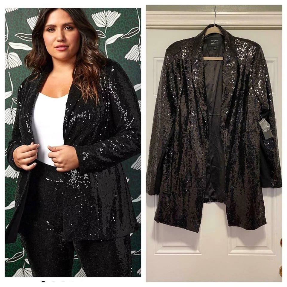 Torrid 0 (0 X размер 12) SYLVIA MOLLIE LONGLINE BLAZER вечеринки куртка - блестки черный - Изображение 1 из 1