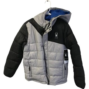 $149.00 Spyder Jacket Boys Youth Large Puffer Winter Jacket Gray Black Blue NWT - Picture 1 of 15