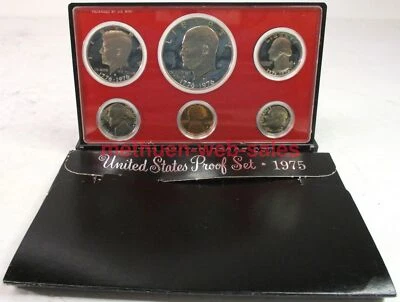 US Mint Proof Set~1975-s~Penny,Nickle,Dime,Quarter,Half,Dollar~Black Envelope - Image 1 of 2