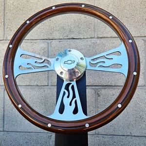 Volante Billet Flame 14" con envoltura de caoba y botón de bocina Chevy - Imagen 1 de 5
