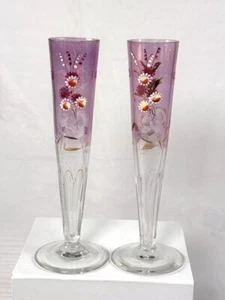 Moser Lavender to Clear Pair Gold Gilt/Hand Painted Optic Glass Vases Floral 7" - Picture 1 of 9