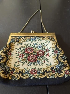 Vintage Floral Petit Point Tapestry Embroidery Clutch With Gold Chain Purse - Picture 1 of 5
