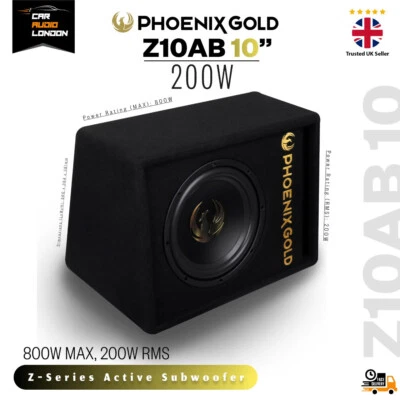 Phoenix Gold Z10AB 10" 800W Max Active Subwoofer – 200W RMS w/ Amp & Install Kit - Image 1 of 4