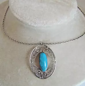 Vintage Oval Sterling Silver Wire Filigree w Turquoise Pendant   16"  Chain - Picture 1 of 6