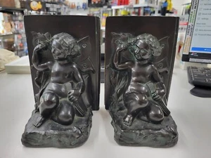 Antique Ronson 1920s Cherub Fairy Angel Metal Bookends Original Finish  - Picture 1 of 18
