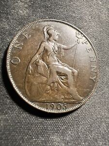 1905 Uk Great Britain 1 One Penny King Edward Vii Large Bronze Coin Z1323