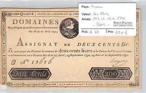 ASSIGNAT FRANCE (LOUIS XVI) - 200 LIVRES - 19.6.1791 et 12.9.1791 - RARE !!! - Picture 1 of 2