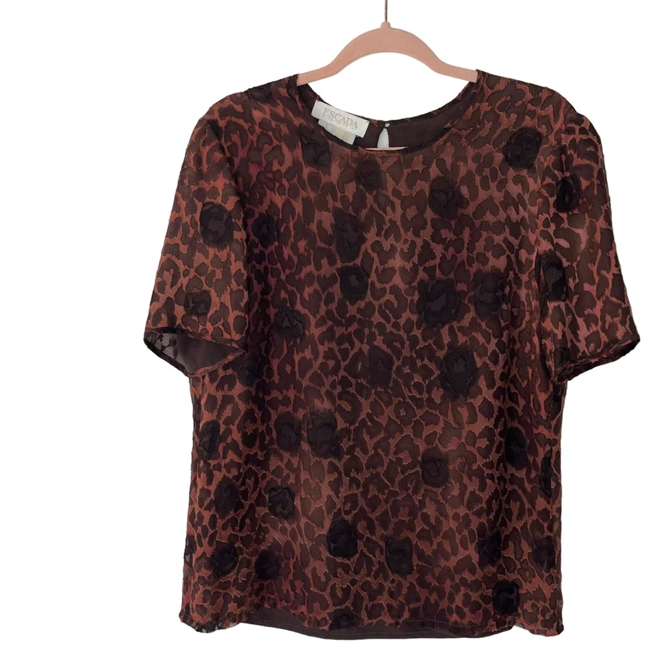 Camicetta Escada donna vintage taglia 10 marrone leopardato stampa animalier misto seta moda - Immagine 1 di 4