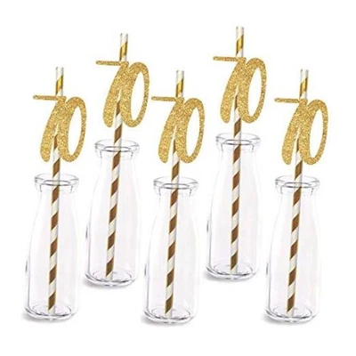 Decoración de pajita de papel de cumpleaños 70, paquete de 24 números recortados con brillo dorado real  Foto 1 de 2