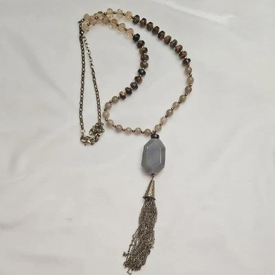 Women's Long Natural Gemstone Tiger's Eye Agate Chain Tassel Necklace NWOT - Image 1 of 4