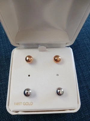 2 Pairs RL 14k Gold 8mm Bead/Ball Earrings; White & Rose Gold -NIB - Image 1 of 4