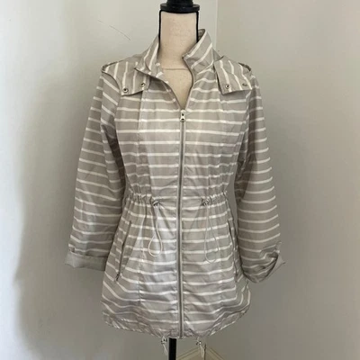 Merona Striped Water Resistant Hooded Rain Jacket Small Beige White Clean Girl - Image 1 of 4