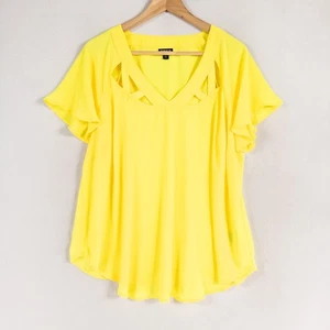 Torrid Top Sz 0 US Large Neon Yellow Georgette Cage Front Short Sleeve Cutout - Picture 1 of 10