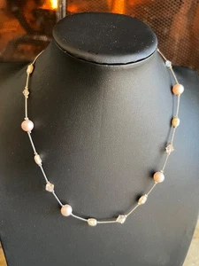 COLLAR DELICADO ROSA DULCE IMITACIÓN PERLAS Y CRISTAL 17" Cierre Garra Tono Plateado - Imagen 1 de 12