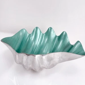 Vintage Silver & Teal Shell Decorative Bowl MCM Retro Beachouse - Picture 1 of 12