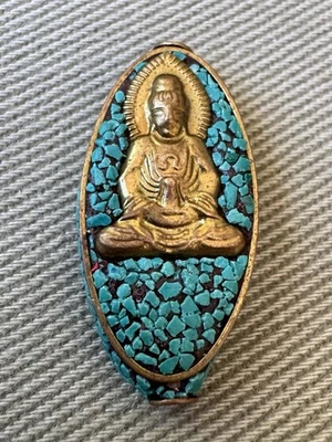 Tibetan Gold Tone and Turquoise? Nepal Kuningan Emas Guanyin Amulet Prayer Bead - Image 1 of 4