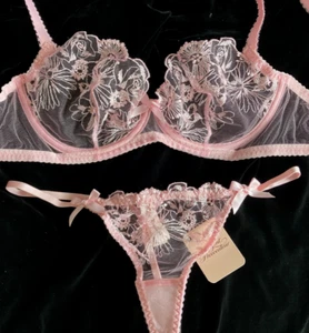 Agent Provocateur 32DD bra & thong set sheer baby pink embroidered lace NEW - Picture 1 of 4