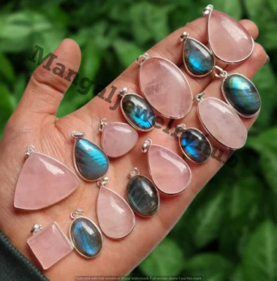 Lote de 5 colgantes de cuarzo rosa y mezcla de piedras preciosas enchapados en plata 925 joyería al por mayor Foto 1 de 4