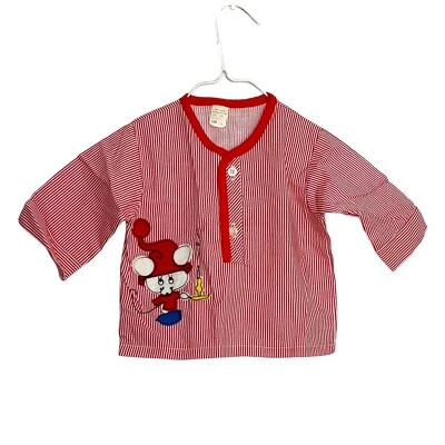 Vintage Baby Red Striped Pajama Top Shirt- Mouse Appliqué- Size 1/2 - Изображение 1 из 4