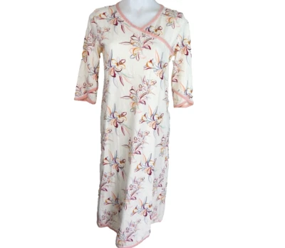 Camisón pequeño Garnet Hill para mujer envoltura asiática marfil manga 3/4 algodón floral Foto 1 de 3