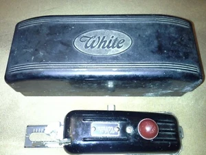 Vintage White Button Hole Sewing Machine Attachments Bakelite box #A - Picture 1 of 6