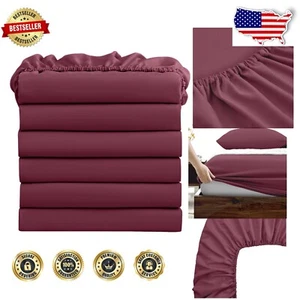 Bulk Pack of 6 Burgundy Microfiber Deep Pocket Full Bed Sheets – Soft & Elegant - Picture 1 of 9