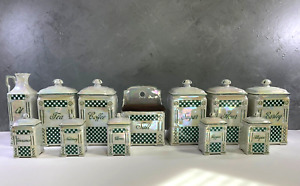 Victoria China Czech Spice Canister 12-Peice Set Checkerboard Green Lusterware